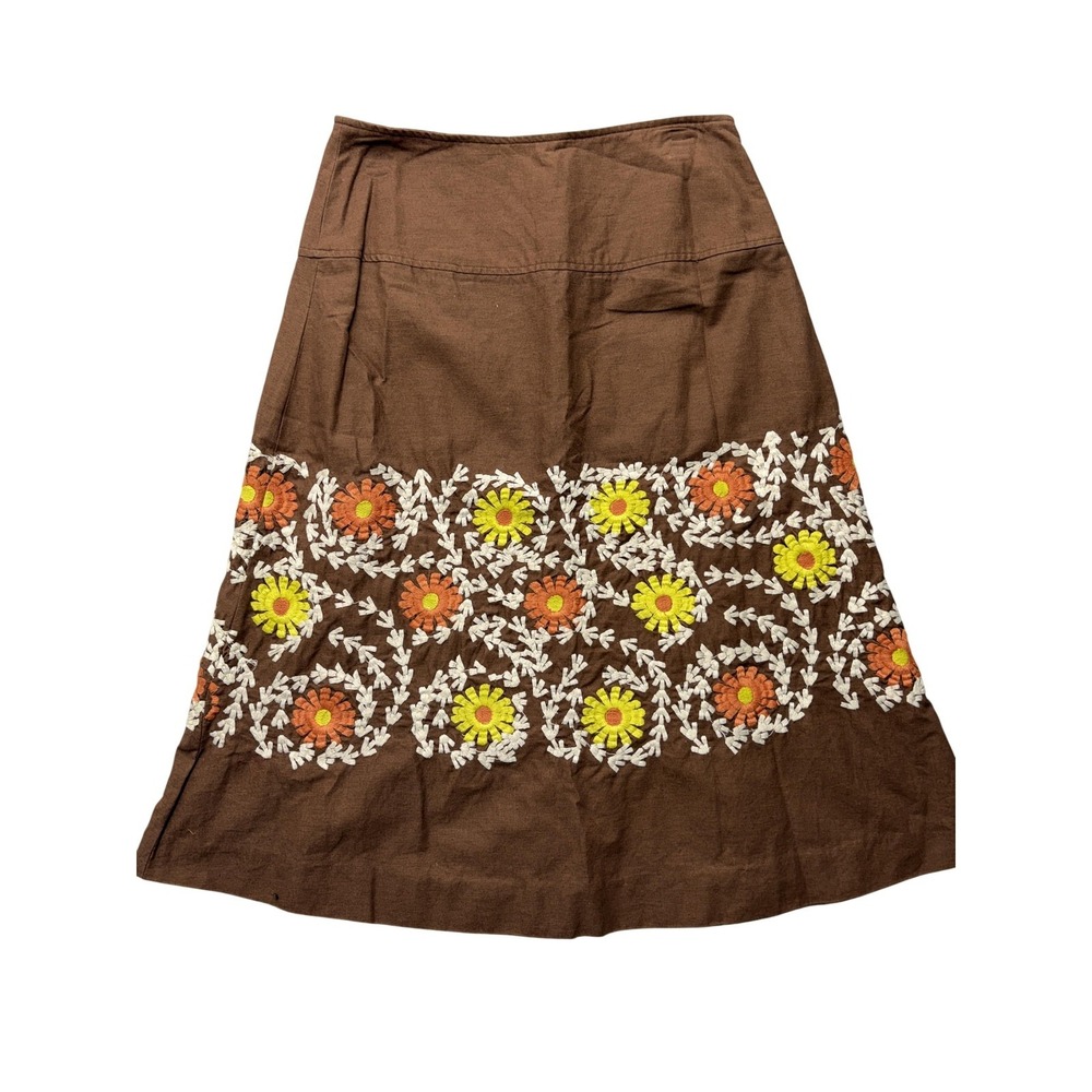 Principe Skirt Womens 6 Brown Embroidered Floral Linen A Line Midi Lined Boho‎